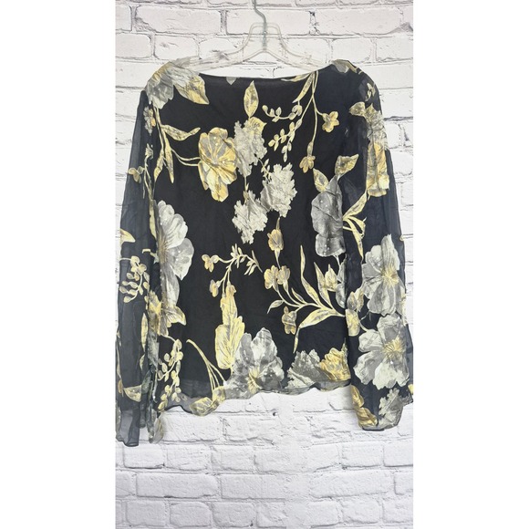 Vintage Tops - Sheer Black Floral Bell Sleeve Blouse with Sequins‎ and Lettuce Edge Hem
